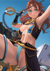 Rule 34 | 1girl, aloy (horizon), alternate costume, armpits, arrow (projectile), blue sky, blush, bow (weapon), breasts, cameltoe, day, fingerless gloves, fundoshi, gloves, green eyes, horizon (video game), horizon zero dawn, japanese clothes, lasterk, leg lift, mechanical tentacles, midriff, motion blur, navel, nipples, outdoors, quiver, red hair, sky, solo, sweatdrop, torn clothes, vest, weapon