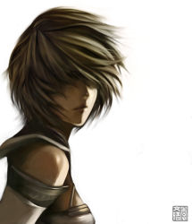 Rule 34 | 00s, 1girl, ashelia b&#039;nargin dalmasca, bare shoulders, blonde hair, brown hair, closed mouth, female focus, final fantasy, final fantasy xii, hair over eyes, short hair, simple background, solo, upper body, white background, wind