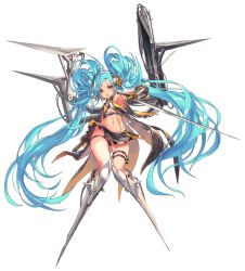 Rule 34 | armpits, blue hair, breasts, destiny child, headphones, long hair, machinery, midriff, navel, panties, panty straps, pleated skirt, skirt, small breasts, sword, thigh strap, twintails, underwear, virupa (destiny child), weapon, yellow eyes