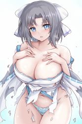 Rule 34 | 1girl, bare shoulders, blue background, blue eyes, blue panties, blush, bow, breasts, cleavage, collarbone, cowboy shot, detached sleeves, gluteal fold, gradient background, grey hair, hair bow, hands on own chest, highres, japanese clothes, kimono, large breasts, long sleeves, looking at viewer, navel, panties, parted lips, plaid, plaid panties, r-binon, senran kagura, short hair, simple background, sweatdrop, thigh gap, torn clothes, torn kimono, torn sleeves, underwear, white background, white bow, white kimono, wide sleeves, yumi (senran kagura)