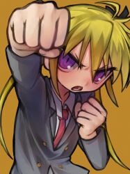 Rule 34 | 1girl, ahoge, angry, arm up, black ribbon, blazer, blonde hair, blush, clenched hands, collared shirt, commentary request, foreshortening, frown, glaring, grey jacket, hair ribbon, highres, incoming attack, incoming punch, jacket, kill me baby, looking at viewer, necktie, open mouth, punching, purple eyes, red necktie, ribbon, sanpaku, school uniform, shirt, simple background, solo, sonya (kill me baby), twintails, uee m, upper body, v-shaped eyebrows, white shirt, yellow background