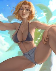 Rule 34 | 1girl, abs, absurdres, android 18, bikini, bikini top only, black bikini, blonde hair, blue eyes, blurry, blurry background, breasts, collarbone, debirudude, denim, denim shorts, dragon ball, dragonball z, ear piercing, earrings, female focus, from below, front-tie bikini top, front-tie top, girl on top, hand on own knee, highres, jewelry, large breasts, looking at viewer, micro bikini, muscular, muscular female, navel, outdoors, outstretched arms, piercing, short hair, shorts, solo, swimsuit, toned