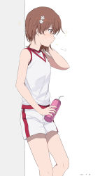 Rule 34 | 1girl, absurdres, against wall, bottle, breasts, breath, brown eyes, brown hair, commentary request, drinking straw, female focus, flower, gym shirt, gym shorts, gym uniform, hair flower, hair ornament, hand on own neck, highres, holding, holding bottle, medium hair, misaka mikoto, profile, shirt, shorts, simple background, small breasts, solo, sparkle, sweat, takatisakana, toaru kagaku no railgun, toaru majutsu no index, water bottle, white background