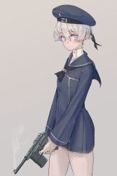 Rule 34 | 1girl, absurdres, blue dress, blue eyes, blue hat, clothes writing, commentary request, contrapposto, cowboy shot, dress, firearm request, grey background, gun, hat, highres, kantai collection, kazukingu, looking at viewer, sailor dress, sailor hat, short hair, silver hair, smoke, solo, standing, weapon, white background, z1 leberecht maass (kancolle)