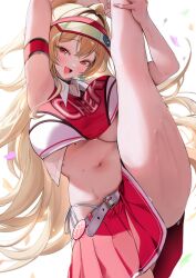 1girl :d arm_strap armpits belt blonde_hair blush cheerleader clay_(nikke) crop_top double-parted_bangs fang gluteal_fold goddess_of_victory:_nikke hair_intakes highleg highleg_panties highres holding_own_leg leg_up lock long_hair looking_at_viewer mikan03_26 mole mole_on_stomach nail_polish navel open_mouth padlock padlocked_collar panties pleated_skirt red_eyes rewind_(nikke) side-tie_panties skirt smile sweat thighs two-tone_tank_top underwear visor_cap white_belt