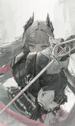 Rule 34 | 1girl, absurdres, arknights, bandolier, black coat, black gloves, blunt bangs, blurry, blurry foreground, coat, commentary, covered mouth, floating hair, gloves, grey background, grey eyes, grey hair, gun, handgun, head wings, highres, holding, holding sword, holding weapon, holstered, irene (arknights), long hair, long sleeves, looking at viewer, multicolored clothes, multicolored skirt, nueegochi, outstretched arm, pink skirt, puffy long sleeves, puffy sleeves, quilted clothes, rain, rapier, scar, scar across eye, serious, skirt, sleeve cuffs, solo, sword, weapon, white skirt, wings