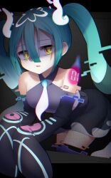 Rule 34 | 1girl, aqua hair, bare shoulders, black thighhighs, creatures (company), detached sleeves, game freak, ghost, ghost miku (project voltage), glitch, grey shirt, hair between eyes, hatsune miku, highres, long hair, looking at viewer, necktie, nintendo, pokemon, project voltage, riririnn-s, shirt, skirt, sleeves past fingers, sleeves past wrists, thighhighs, twintails, very long hair, vocaloid, will-o&#039;-the-wisp (mythology), yellow eyes