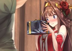 Rule 34 | 10s, 1boy, 1girl, admiral (kancolle), ahoge, alternate costume, baffu, bare shoulders, bell, blurry, blush, bow, box, breasts, brown hair, closed mouth, depth of field, detached sleeves, flower, full body, gift, gift box, green shirt, hair flower, hair ornament, hairband, headgear, highres, holding, holding gift, indoors, kantai collection, kongou (kancolle), large breasts, long hair, long sleeves, nose blush, pink lips, purple eyes, red bow, red flower, red rose, rose, shirt, short sleeves, smile, upper body, wide sleeves