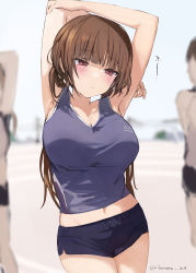 Rule 34 | 1girl, absurdres, armpits, arms up, blonde hair, blue shorts, blunt bangs, blurry, blurry background, blush, breasts, brown hair, cleavage, closed mouth, highres, large breasts, long hair, low twintails, midriff, navel, original, red eyes, shorts, solo focus, thighs, twintails, twitter username, yukari (rihenara doll)