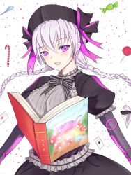 Rule 34 | 10s, 1girl, alternate breast size, blackwatchar, book, braid, breasts, candy, fate/extra, fate (series), food, highres, large breasts, long hair, looking at viewer, nursery rhyme (fate), aged up, pink hair, purple eyes, smile, solo, twin braids