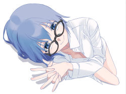 Rule 34 | 1girl, bare legs, black-framed eyewear, blue eyes, blue hair, breasts, buttons, ciel (tsukihime), cleavage, closed mouth, collar, collarbone, collared shirt, commentary request, fingernails, glasses, hair between eyes, highres, lips, long sleeves, looking at viewer, lying, makimaki, medium breasts, naked shirt, no bra, own hands together, shadow, shirt, short hair, simple background, smile, solo, thighs, tsukihime, tsukihime (remake), white background, white collar, white shirt