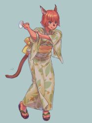 Rule 34 | 1girl, animal ears, blue eyes, cat ears, cat girl, cat tail, closed mouth, dark-skinned female, dark skin, facial mark, final fantasy, final fantasy xi, full body, geta, japanese clothes, kimono, mithra (ff11), orange hair, short hair, simple background, smile, solo, tail, tongue, tongue out, wide sleeves, yuccoshi