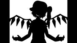 Rule 34 | 1girl, bad apple!!, evil grin, evil smile, female focus, flandre scarlet, greyscale, grin, highres, monochrome, screencap, shadowplay, side ponytail, silhouette, smile, solo, touhou, wallpaper, wings