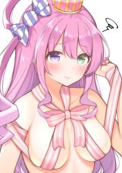 Rule 34 | 1girl, absurdres, blush, breasts, candy hair ornament, cleavage, closed mouth, commentary, crown, food-themed hair ornament, green eyes, hair ornament, hair rings, heterochromia, highres, himemori luna, hololive, lips, long hair, looking at viewer, medium breasts, mini crown, naked ribbon, pink hair, pink ribbon, pout, purple eyes, ribbon, side ponytail, simple background, solo, squiggle, striped ribbon, suzutarou gunsou, upper body, virtual youtuber, white background