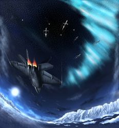 Rule 34 | ace combat, ace combat 04, afterburner, aircraft, airplane, aurora, contrail, cruise missile, f-22, glacier, highres, missile, mobius 1, night, ragi (00203)