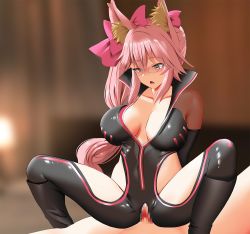 Rule 34 | 1boy, 1girl, animal ear fluff, animal ears, black footwear, black gloves, blonde hair, bodysuit, boots, bow, breasts, censored, cleavage, closed eyes, cowboy shot, elbow gloves, fate/grand order, fate (series), fox ears, fox girl, from side, ginhaha, glasses, gloves, hair bow, hair ornament, knee boots, koyanskaya (assassin) (first ascension) (fate), koyanskaya (fate), large breasts, latex, latex bodysuit, long hair, mosaic censoring, parted lips, pink bow, pink hair, sex, solo focus, tamamo (fate)