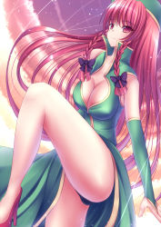 Rule 34 | 1girl, bad id, bad pixiv id, black panties, blush, braid, breasts, china dress, chinese clothes, cleavage, dress, female focus, hat, high heels, hong meiling, large breasts, leg up, legs, long hair, long legs, mikan (5555), panties, red eyes, red hair, shoes, sky, solo, thighs, touhou, twin braids, underwear, very long hair