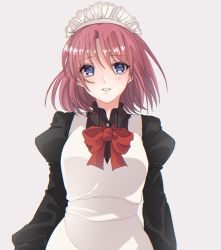 Rule 34 | 1girl, aka ive, apron, bad id, bad twitter id, black shirt, blue eyes, bow, bowtie, dress shirt, floating hair, grey background, hair between eyes, hisui (tsukihime), long sleeves, looking at viewer, maid headdress, parted lips, red bow, red hair, shirt, short hair, simple background, smile, solo, standing, tsukihime, upper body, white apron