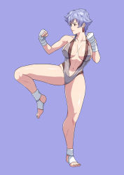 Rule 34 | 1girl, absurdres, bleach, blue background, blue hair, breasts, breasts apart, cirenk, clenched hands, collarbone, earrings, female focus, fighting stance, hands up, highres, jewelry, knee up, kotetsu isane, large breasts, messy hair, one-piece swimsuit, short hair, simple background, slingshot swimsuit, smile, solo, spread legs, standing, standing on one leg, swimsuit