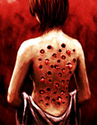 Rule 34 | 1girl, back, back focus, blood, breasts, creature inside, creepy, from behind, guro, guru, original, red background, short hair, solo, traditional media, trypophobia