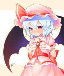 Rule 34 | 1girl, :&lt;, aozora market, bat wings, blue hair, blush, bow, breast conscious, brooch, hands on own chest, hands up, hat, hat bow, jewelry, red eyes, remilia scarlet, short hair, solo, touhou, wings