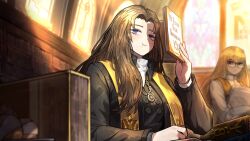 Rule 34 | 2girls, black robe, blue eyes, book, brown hair, closed mouth, eating, game cg, glasses, highres, holding, holding book, holding pen, indoors, jewelry, limbus company, long hair, long sleeves, multiple girls, nai ga, official art, pen, pendant, project moon, robe, rodion (project moon), sitting, solo focus, standing, white robe