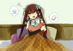 Rule 34 | 10s, 1girl, annin musou, arm warmers, asagumo (kancolle), ascot, bad id, bad pixiv id, blush, bowl, bread, bread slice, brown eyes, brown hair, chopsticks, hair ribbon, indoors, kantai collection, long hair, open mouth, pillow, ribbon, rice bowl, short sleeves, solo, spoken food, squiggle, suspenders, teeth, tongue, twintails, under covers