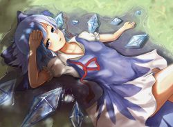 Rule 34 | 1girl, absurdres, arm up, blue bow, blue dress, blue hair, bow, cirno, collarbone, dress, grass, hair bow, hand on own forehead, highres, hot, ice, ice wings, lying, medium hair, melting, neck ribbon, on back, on floor, open mouth, puffy short sleeves, puffy sleeves, red ribbon, ribbon, sanana e, short sleeves, solo, texture, touhou, untied, water, wings