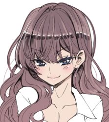 Rule 34 | 1girl, blue eyes, blush, breasts, brown hair, cleavage, closed mouth, collarbone, earrings, hanauna, heart, heart-shaped pupils, ichinose shiki, idolmaster, idolmaster cinderella girls, jewelry, lips, long hair, looking at viewer, shirt, simple background, sketch, smile, solo, symbol-shaped pupils, upper body, wavy hair, white background, white shirt