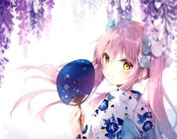 Rule 34 | 1girl, blue bow, blush, bow, closed mouth, commentary request, floating hair, floral print, flower, hair between eyes, hair bow, hair ornament, hand fan, holding, holding fan, japanese clothes, kimono, long hair, looking at viewer, looking back, mochizuki shiina, original, paper fan, pink hair, print kimono, purple flower, rabbit hair ornament, smile, solo, twintails, uchiwa, upper body, white kimono, wisteria, yellow eyes
