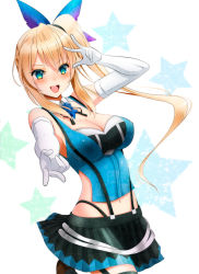 Rule 34 | 1girl, :d, bare shoulders, blonde hair, blue eyes, blush, breasts, cleavage, elbow gloves, gloves, highres, kiko (okuwae), large breasts, long hair, looking at viewer, midriff, mirai akari, mirai akari project, navel, open mouth, pleated skirt, side ponytail, skirt, smile, solo, suspenders, virtual youtuber, white gloves
