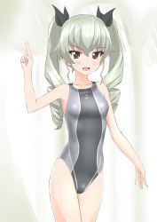 Rule 34 | 10s, 1girl, absurdres, anchovy (girls und panzer), bad id, bad twitter id, black one-piece swimsuit, breasts, brown eyes, competition swimsuit, drill hair, girls und panzer, green background, green hair, grey one-piece swimsuit, hair between eyes, highres, inactive account, legs together, long hair, one-piece swimsuit, pointing, pointing up, small breasts, solo, swimsuit, takafumi, thighs, twin drills, twintails, white background