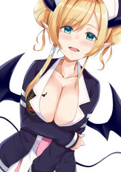 Rule 34 | 1girl, asymmetrical hair, bat tattoo, black jacket, blonde hair, blue eyes, blush, breast hold, breast tattoo, breasts, cleavage, collarbone, commentary, demon horns, demon tail, demon wings, double bun, dutch angle, hair between eyes, hair bun, hair ribbon, hat, holding own arm, hololive, horns, jacket, kosuke (bb), large breasts, long hair, long sleeves, looking at viewer, necktie, nurse cap, official alternate costume, open clothes, open jacket, open mouth, parted bangs, pink necktie, pointy ears, ribbon, shirt, sidelocks, simple background, smile, solo, tail, tattoo, upper body, virtual youtuber, white background, white hat, white ribbon, white shirt, wings, yuzuki choco, yuzuki choco (nurse)
