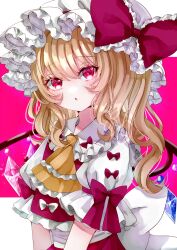 Rule 34 | 1girl, :o, adapted costume, ascot, blush, bow, commentary, crystal, eyelashes, flandre scarlet, frilled ascot, frilled bow, frilled shirt collar, frills, hair between eyes, hat, hat bow, highres, jaku sono, looking at viewer, medium hair, mob cap, open mouth, puffy short sleeves, puffy sleeves, red bow, red eyes, shirt, short sleeves, side ponytail, sidelocks, sleeve bow, solo, touhou, tsurime, upper body, wavy hair, white hat, white shirt, wings, yellow ascot