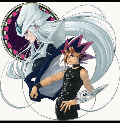 Rule 34 | 2boys, belt, bracelet, choker, duel disk, duel monster, dyed bangs, hand on own chest, helmet, jewelry, lazward, letterboxed, long hair, male focus, multiple boys, muto yugi, outstretched arm, profile, silent magician, silver hair, sleeveless, very long hair, yami yugi, yu-gi-oh!, yu-gi-oh! duel monsters