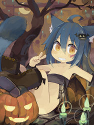 Rule 34 | 1girl, ahoge, animal ears, arm support, bandeau, bare arms, bare shoulders, bare tree, bat wings, blue hair, blush stickers, boots, bottomless, brown footwear, candle, candlelight, cat ears, cat tail, cloud, cloudy sky, collarbone, commentary request, crescent moon, dot nose, facial mark, fang, feet up, fire, fire, flat chest, grin, hair between eyes, hair ornament, halloween, hand up, jack-o&#039;-lantern, jack-o&#039;-lantern hair ornament, knee boots, long hair, looking at viewer, low wings, moon, muted color, night, orange eyes, orange sky, original, outdoors, pappii (paprika shikiso), paprika shikiso, parted bangs, petite, raised eyebrows, reclining, sitting, sky, smile, solo, strapless, tail, teeth, tree, v, wings
