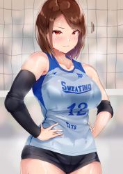 Rule 34 | 1girl, absurdres, breasts, brown hair, hands on own hips, highres, large breasts, red eyes, sak1023, short hair, short shorts, shorts, solo, sportswear, sweat, thighs, volleyball uniform