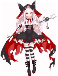 Rule 34 | 1girl, azur lane, black cape, black footwear, black hat, black skirt, blush, boots, bow, cape, center frills, closed mouth, commentary request, erebus (azur lane), frills, full body, gloves, hair between eyes, hat, head tilt, highres, hikyou takarasou, holding, juliet sleeves, long hair, long sleeves, multicolored cape, multicolored clothes, pleated skirt, puffy sleeves, red bow, red cape, red eyes, shirt, simple background, skirt, smile, solo, standing, standing on one leg, striped clothes, striped thighhighs, suspender skirt, suspenders, thighhighs, thighhighs under boots, torn cape, torn clothes, torn hat, very long hair, white background, white gloves, white hair, white shirt, wide sleeves