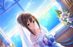Rule 34 | 10s, 1girl, alternate hairstyle, artist request, bare shoulders, blue flower, blue rose, blue sky, bouquet, bridal veil, brown hair, candle, collarbone, day, dress, earrings, flower, green eyes, idolmaster, idolmaster cinderella girls, idolmaster cinderella girls starlight stage, jewelry, long hair, looking at viewer, necklace, ocean, official art, rose, shibuya rin, sky, sleeveless, sleeveless dress, smile, solo, strapless, strapless dress, tiara, veil, wedding dress, white dress, white flower, white rose, window