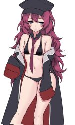 Rule 34 | 1girl, bare shoulders, bikini, black bikini, black coat, black headwear, blue archive, blush, breasts, coat, corrupted twitter file, detached collar, highres, iroha (blue archive), kushinaka, long hair, looking at viewer, navel, necktie, off shoulder, purple eyes, red hair, red necktie, simple background, sleeves past fingers, sleeves past wrists, small breasts, solo, stomach, swimsuit, white background