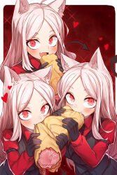 Rule 34 | 3girls, animal ear fluff, animal ears, black gloves, black tail, black vest, blush, cerberus (helltaker), collared shirt, commentary, commentary request, demon girl, dog ears, dog girl, eating, eyebrows, eyelashes, fang, food, gloves, gradient background, half-closed eyes, helltaker, highres, long hair, long sleeves, looking at viewer, meat, mou tama maru, multiple girls, neckwear request, open mouth, parted bangs, phallic symbol, red eyes, red shirt, saliva, shirt, silver hair, triplets, upper body, vest, waistcoat