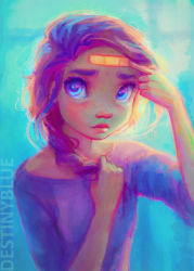 Rule 34 | 1girl, alice de ste croix, arm up, bandaid, bandaid on face, bandaid on forehead, blue background, blue eyes, braid, freckles, glowing, hair over shoulder, highres, holding, holding own hair, light smile, lips, long hair, looking at viewer, original, pointing, purple hair, shirt, short hair, short sleeves, simple background, single braid, solo, spot color, t-shirt, upper body