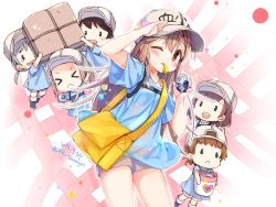 Rule 34 | &gt; &lt;, 10s, 6+girls, :d, arm up, bag, black footwear, blue shirt, blush, boots, brown eyes, brown hair, brown shorts, character name, closed eyes, clothes writing, commentary request, dated, flat cap, grey hat, hair between eyes, hat, hataraku saibou, highres, jin young-in, long hair, low twintails, mouth hold, multiple girls, one eye closed, open mouth, platelet (hataraku saibou), round teeth, salute, see-through, shirt, short hair, short shorts, short sleeves, shorts, shoulder bag, smile, teeth, twintails, twitter username, upper teeth only, very long hair, wavy mouth, whistle