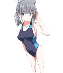 Rule 34 | 1girl, animal ears, bare shoulders, blue archive, blue eyes, blue one-piece swimsuit, breasts, collarbone, commentary, cross, cross hair ornament, earrings, extra ears, grey hair, hair ornament, tucking hair, halo, hand up, highres, inverted cross, jewelry, kusana (kusana47454281), looking at viewer, medium breasts, medium hair, mismatched pupils, navel, official alternate costume, one-piece swimsuit, parted lips, shiroko (blue archive), shiroko (swimsuit) (blue archive), simple background, solo, stud earrings, swimsuit, white background, wolf ears, wolf girl