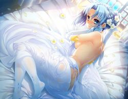 Rule 34 | 1girl, arm support, ass, bedroom, blue eyes, blue hair, breasts, day, dress, elbow gloves, flower, gloves, hair flower, hair ornament, hair ribbon, hand in own hair, indoors, long skirt, looking at viewer, ludmila lourie, lying, madan no ou to vanadis, medium breasts, ocean, official art, on side, petals, ribbon, short hair, skirt, solo, topless, wedding dress, wet, wet clothes, wet skirt, white flower, white gloves, white legwear, white ribbon, white skirt