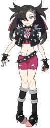Rule 34 | 1girl, aged up, aqua eyes, black gloves, black hair, black vest, boots, bracelet, choker, closed mouth, creatures (company), fingerless gloves, full body, game freak, gloves, gym leader, hair over one eye, hair ribbon, highres, holding, holding poke ball, jewelry, marnie (pokemon), nail polish, nintendo, pigeon-toed, pink shorts, poke ball, poke ball (basic), pokemon, pokemon swsh, ribbon, sgrimp, shorts, simple background, solo, spiked belt, spiked bracelet, spikes, studded footwear, studded vest, torn clothes, twintails, vest, white background