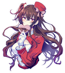 Rule 34 | 1girl, blush, box, breasts, brown hair, character request, cleavage, closed mouth, commentary, curly hair, gloves, hair between eyes, hair ornament, heart-shaped box, highres, holding, long hair, looking at viewer, mist train girls, red eyes, simple background, smile, solo, standing, upper body, uranaishi (miraura), valentine, white background, white gloves