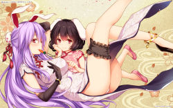 Rule 34 | 2girls, alternate costume, animal ears, anklet, artist name, ass, bare legs, black footwear, black gloves, black hair, breast poke, breasts, bridal garter, bun cover, carrot necklace, china dress, chinese clothes, closed mouth, dress, elbow gloves, floral background, flower, frills, gloves, hair between eyes, hair bun, hair flower, hair ornament, hand on own cheek, hand on own face, highres, inaba tewi, jewelry, large breasts, legs up, long hair, looking at viewer, lying, monety, mouth hold, multiple girls, necklace, no legwear, no socks, on back, panties, pantyshot, pelvic curtain, pendant, pink dress, pink footwear, poking, purple hair, rabbit ears, red eyes, reisen udongein inaba, scan, shoes, short hair, short sleeves, single hair bun, smile, tassel, thighs, touhou, underwear, very long hair, white dress, white panties