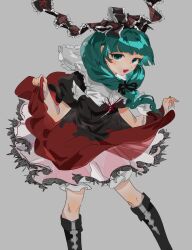 Rule 34 | 1girl, black footwear, boots, bow, chamaruk, dress, frilled dress, frilled ribbon, frills, front ponytail, green eyes, green hair, grey background, hair bow, hair ribbon, highres, kagiyama hina, layered dress, lifted by self, looking at viewer, open mouth, puffy short sleeves, puffy sleeves, ribbon, short sleeves, smile, solo, touhou