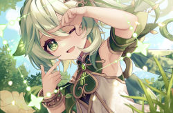 Rule 34 | 1girl, absurdres, armpits, arms up, bare shoulders, blue sky, bracelet, bush, cape, cloud, cloudy sky, commentary request, cross-shaped pupils, detached sleeves, dress, finger frame, flower, gem, genshin impact, grass, green cape, green eyes, green flower, green gemstone, green hair, grey dress, hair between eyes, hair ornament, hands up, heart, heart hair ornament, highres, jewelry, leaf, long hair, looking at viewer, nahida (genshin impact), one eye closed, open mouth, ougi (u to4410), outdoors, pointy ears, ponytail, short sleeves, side ponytail, sky, smile, solo, sparkle, square, symbol-shaped pupils, tongue, tree, upper body, vision (genshin impact), yellow flower